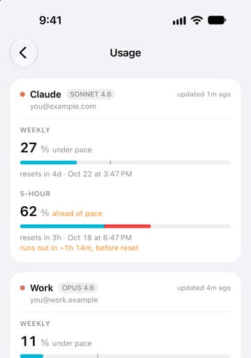The Usage screen in lpm Link with weekly and 5-hour meters for two Claude accounts