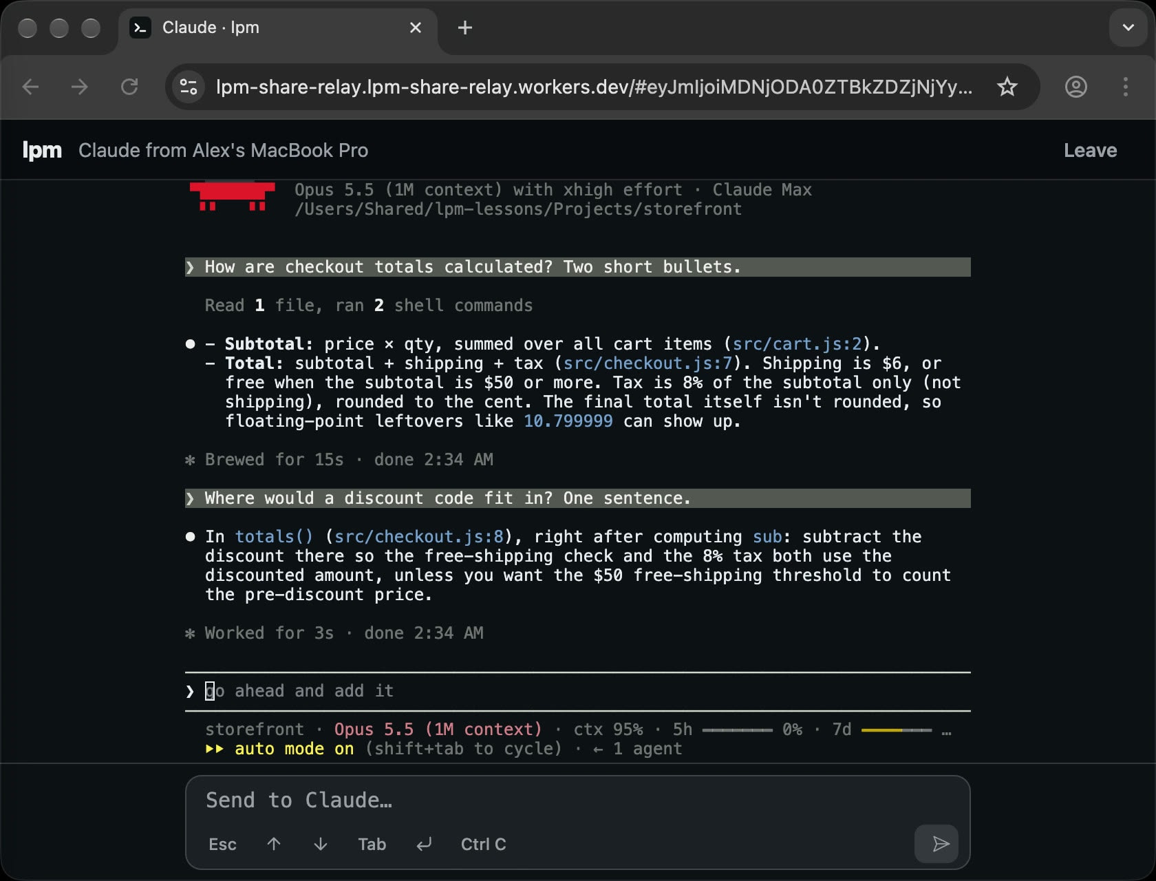 The same Claude Code tab open in a browser, showing the same questions and answers, with a prompt box and Esc, arrow, Tab, Return and Ctrl C keys under it