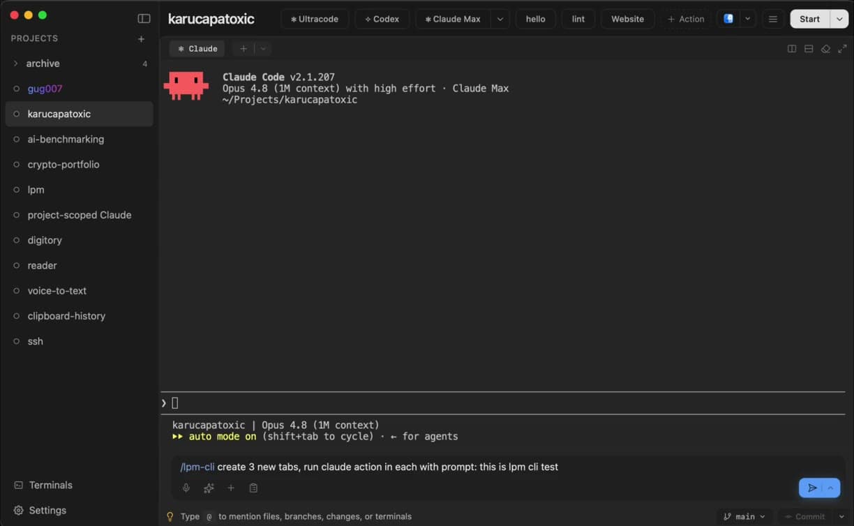 lpm project view on macOS: a sidebar of projects, one-click agent buttons in the header, and a Claude Code session running in a terminal tab